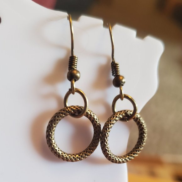 Bronze Tone Small Hoop Dangle Earring Artisan Hook - Picture 2 of 2